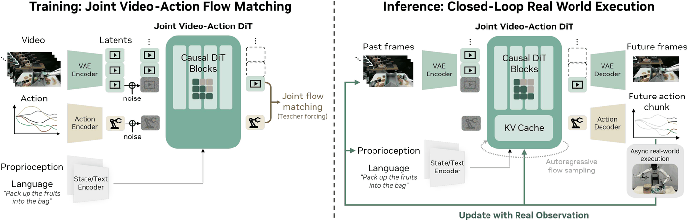 DreamZero: past frames, language and robot state go into a causal video transformer that outputs future frames and an action chunk.