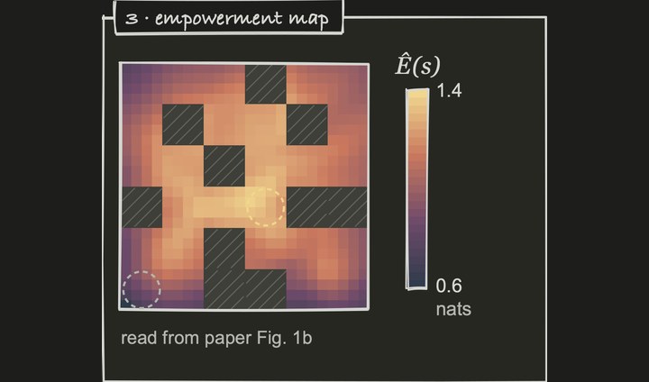 A maze heatmap shows empowerment values, from low values in purple to high values in yellow.